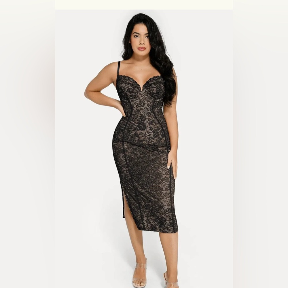 NEW Popilush Black Floral Lace Shapewear Hourglass Corset Midi Dress Large